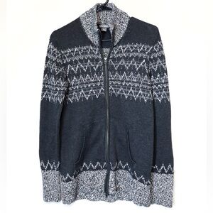 Eddie Bauer Fair Isle Gray 100% Cotton Knit Full Zip Sweater Size Woman's Medium